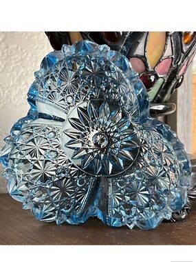 Imperial Glass Daisy &Button Cloverleaf Dish Ice Blue Pressed Glass Bowl Vintage